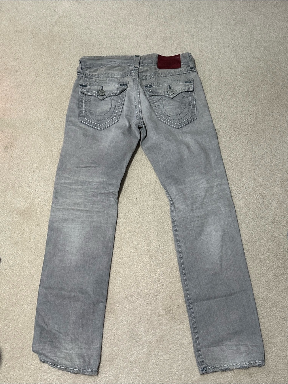 True Religion Gray Straight-Leg Jeans with Maroon Patch